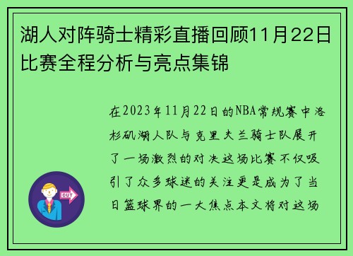 湖人对阵骑士精彩直播回顾11月22日比赛全程分析与亮点集锦