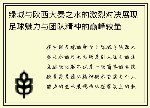 绿城与陕西大秦之水的激烈对决展现足球魅力与团队精神的巅峰较量